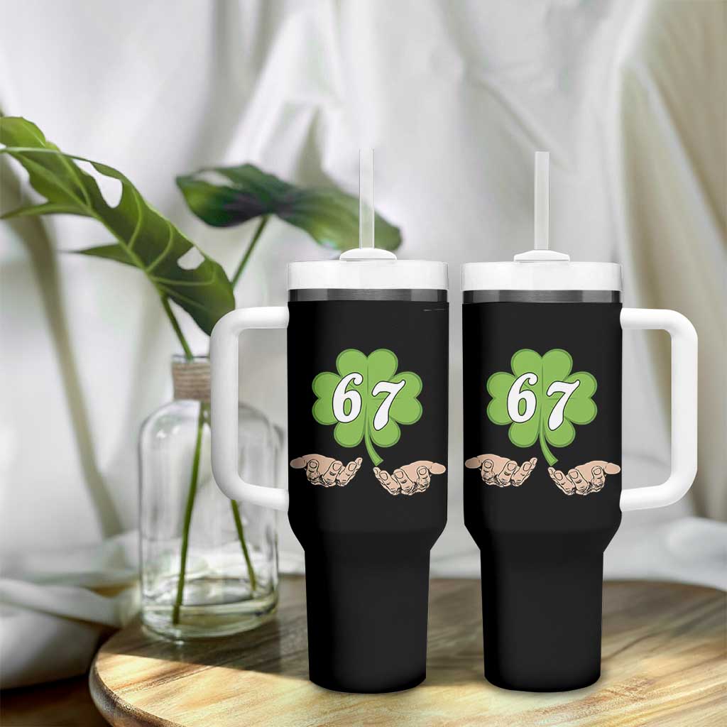 67 St Patricks Day Tumbler With Handle Six Seven Meme Shamrock Hand Gesture