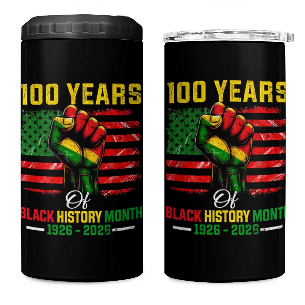 100 Years Of Black History Month 4 in 1 Can Cooler Tumbler Hand Fist African American Milestone American Flag