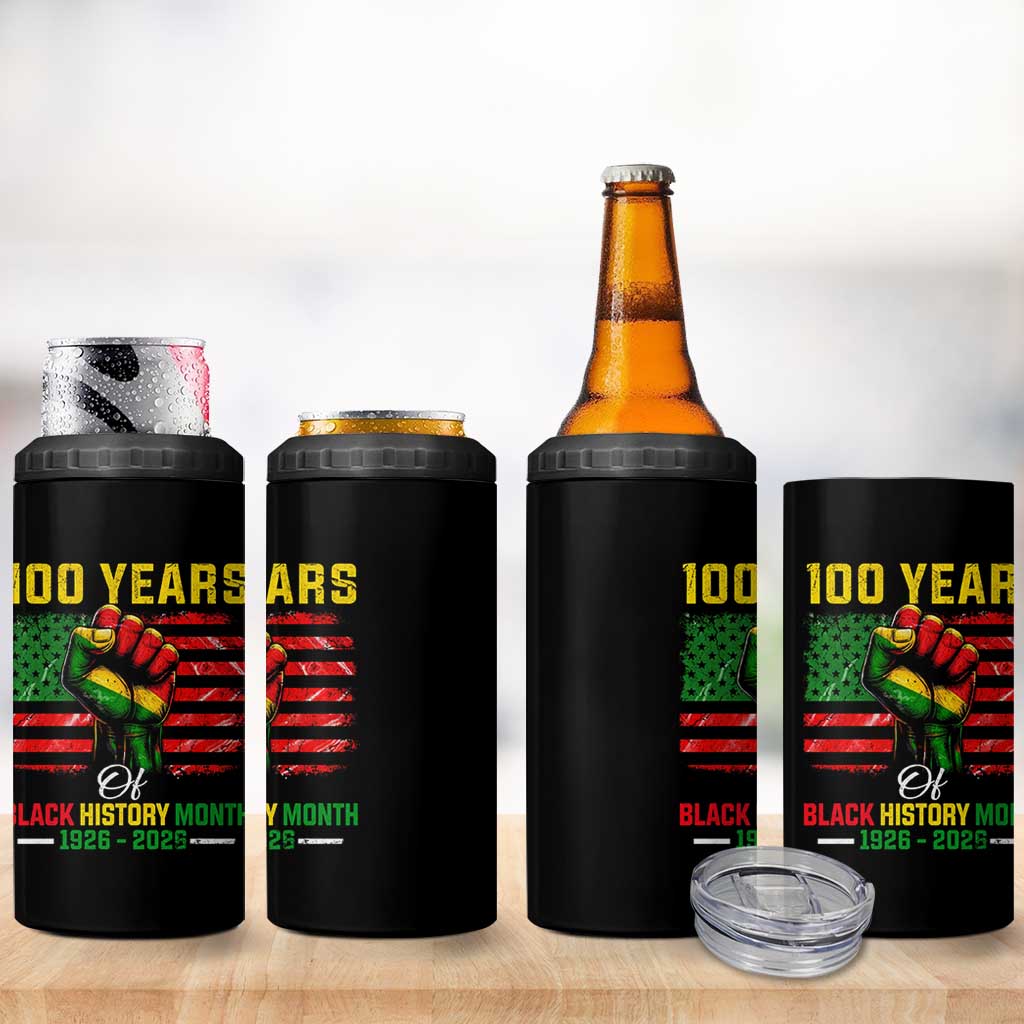 100 Years Of Black History Month 4 in 1 Can Cooler Tumbler Hand Fist African American Milestone American Flag