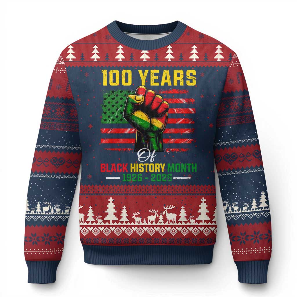 100 Years Of Black History Month Ugly Christmas Sweater Hand Fist African American Milestone American Flag