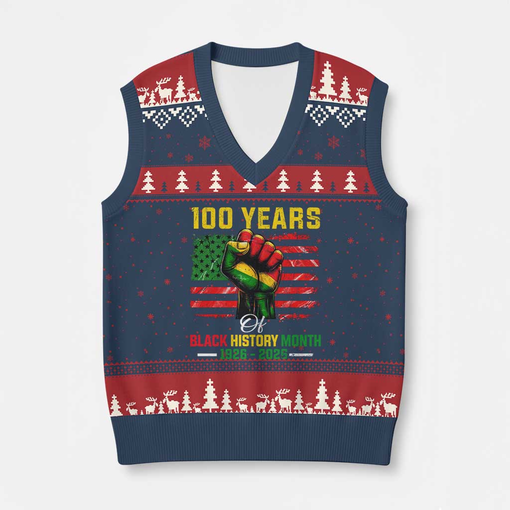 100 Years Of Black History Month V-Neck Knit Sweater Vest Hand Fist African American Milestone American Flag