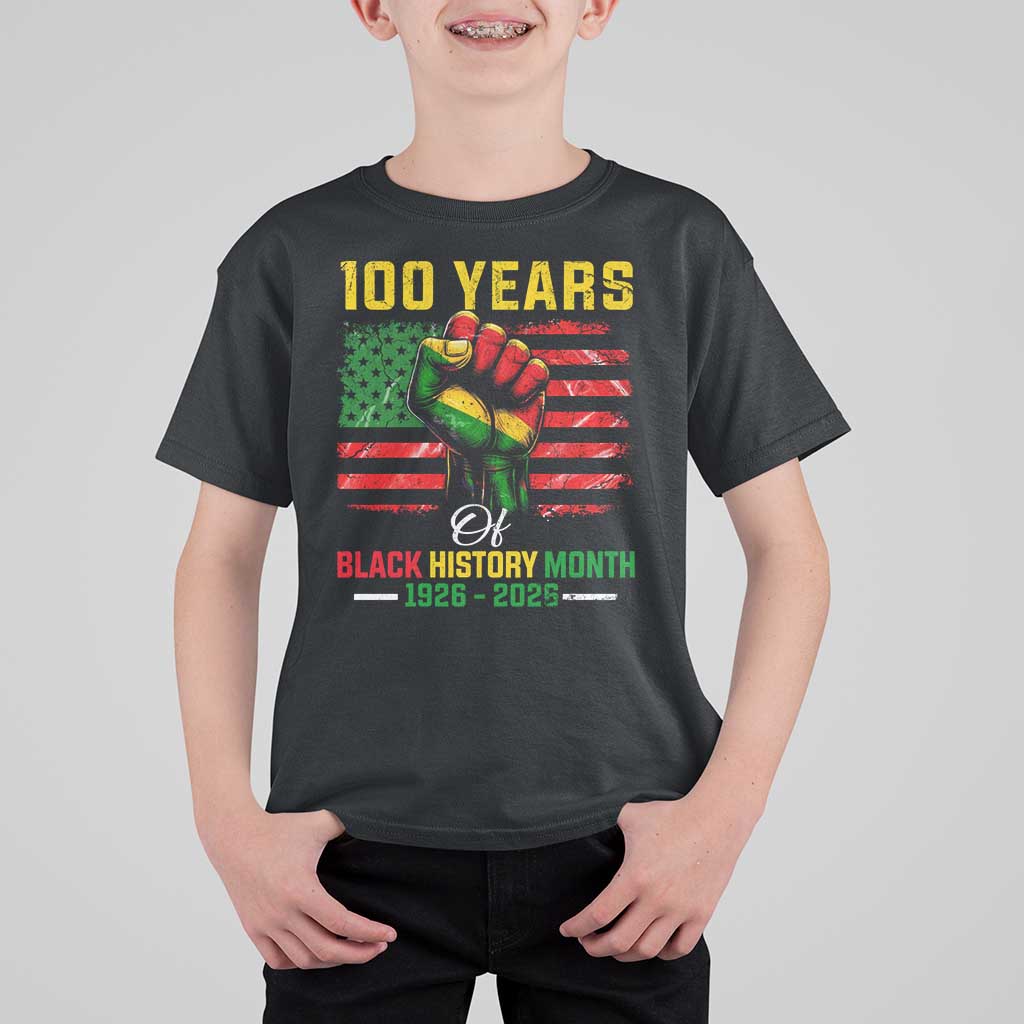 100 Years Of Black History Month T Shirt For Kid Hand Fist African American Milestone American Flag
