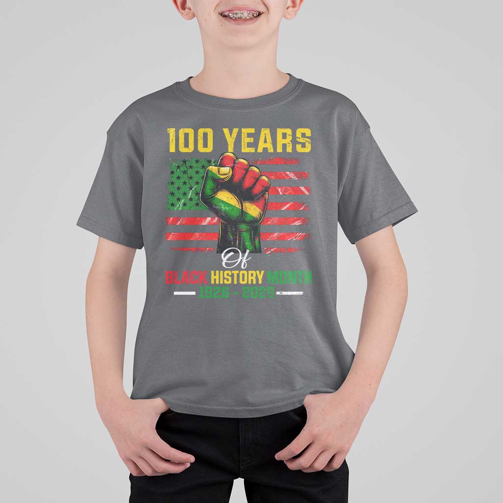 100 Years Of Black History Month T Shirt For Kid Hand Fist African American Milestone American Flag