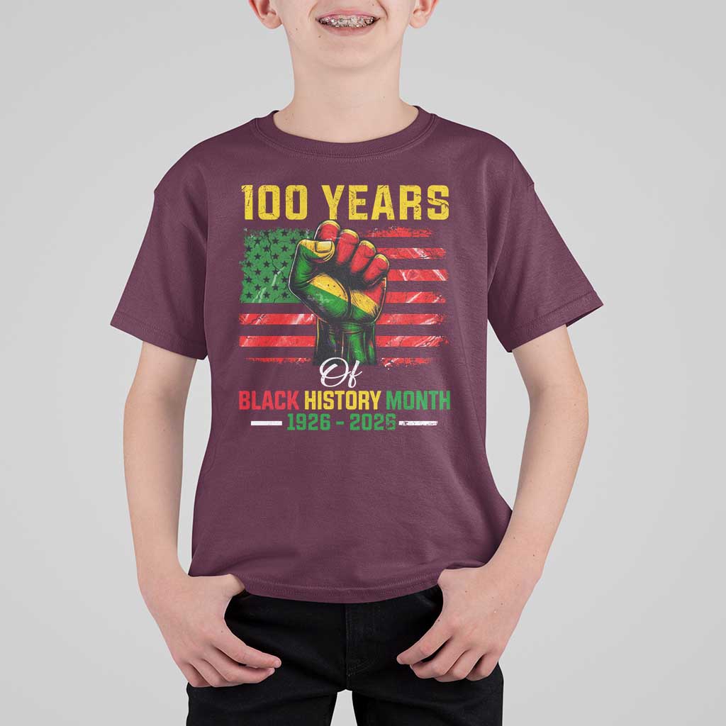 100 Years Of Black History Month T Shirt For Kid Hand Fist African American Milestone American Flag
