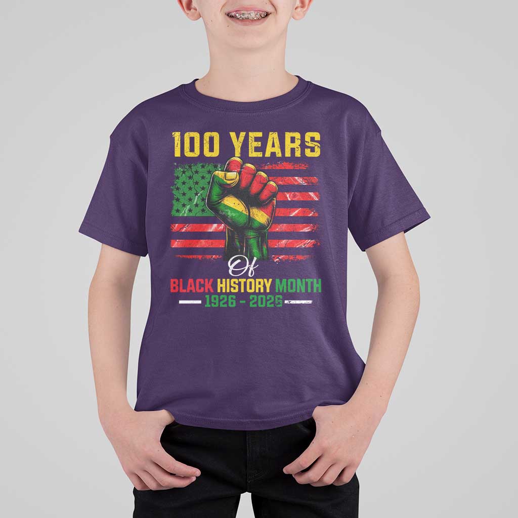 100 Years Of Black History Month T Shirt For Kid Hand Fist African American Milestone American Flag