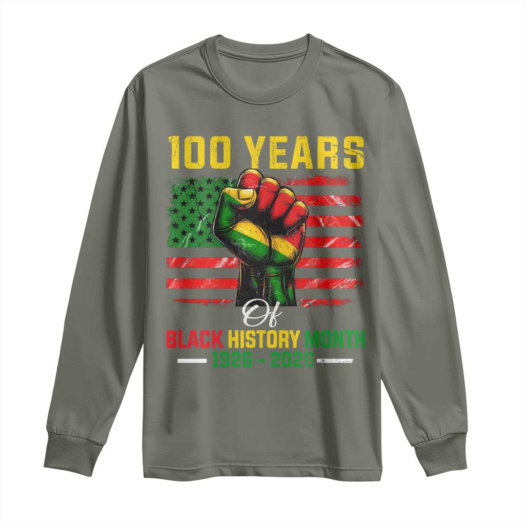 100 Years Of Black History Month Long Sleeve Shirt Hand Fist African American Milestone American Flag