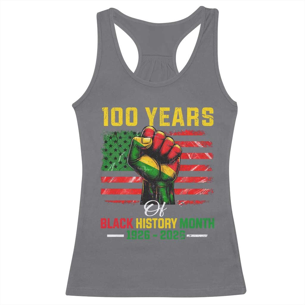 100 Years Of Black History Month Racerback Tank Top Hand Fist African American Milestone American Flag
