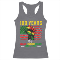 100 Years Of Black History Month Racerback Tank Top Hand Fist African American Milestone American Flag