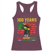 100 Years Of Black History Month Racerback Tank Top Hand Fist African American Milestone American Flag
