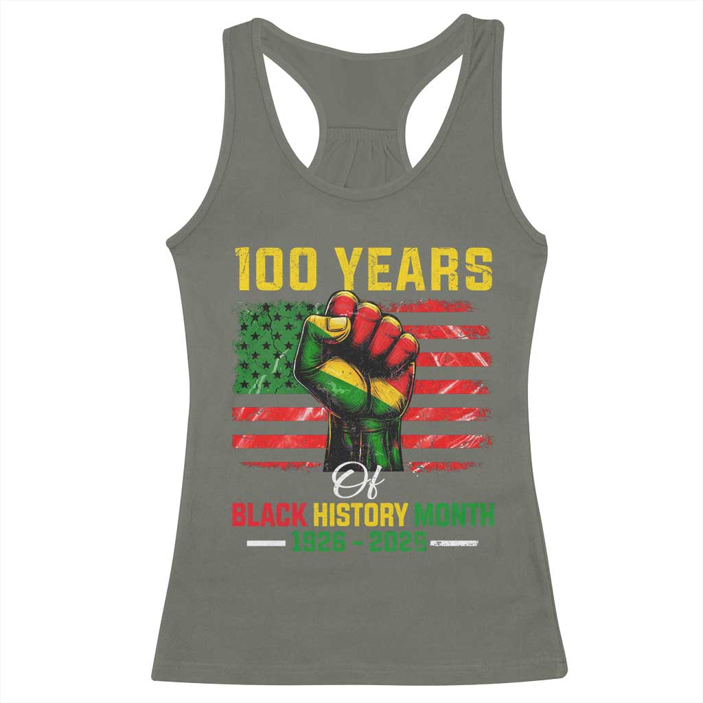 100 Years Of Black History Month Racerback Tank Top Hand Fist African American Milestone American Flag