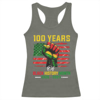 100 Years Of Black History Month Racerback Tank Top Hand Fist African American Milestone American Flag