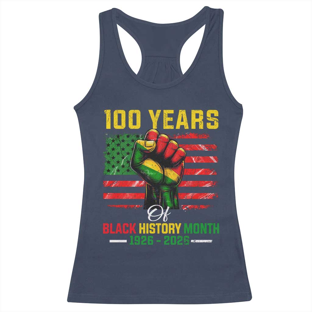 100 Years Of Black History Month Racerback Tank Top Hand Fist African American Milestone American Flag