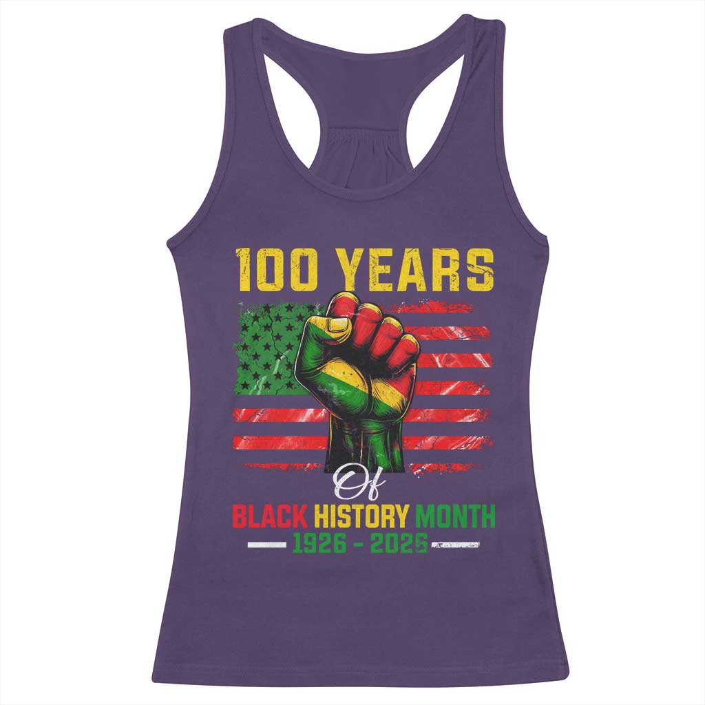 100 Years Of Black History Month Racerback Tank Top Hand Fist African American Milestone American Flag