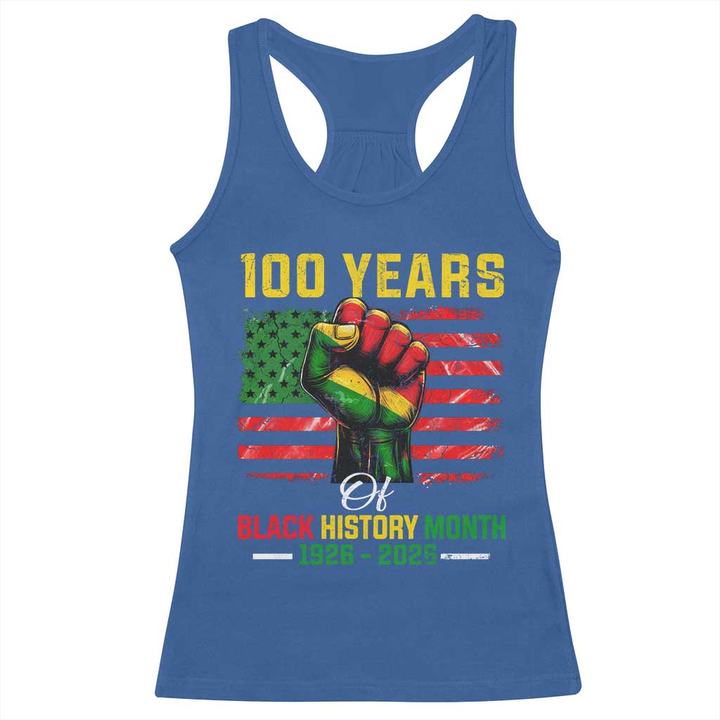 100 Years Of Black History Month Racerback Tank Top Hand Fist African American Milestone American Flag