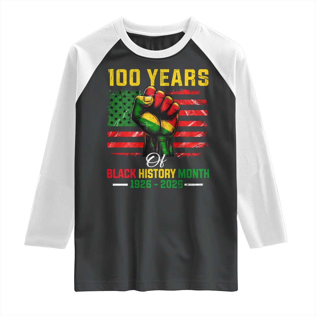 100 Years Of Black History Month Raglan Shirt Hand Fist African American Milestone American Flag