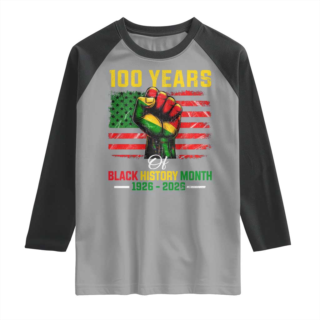 100 Years Of Black History Month Raglan Shirt Hand Fist African American Milestone American Flag