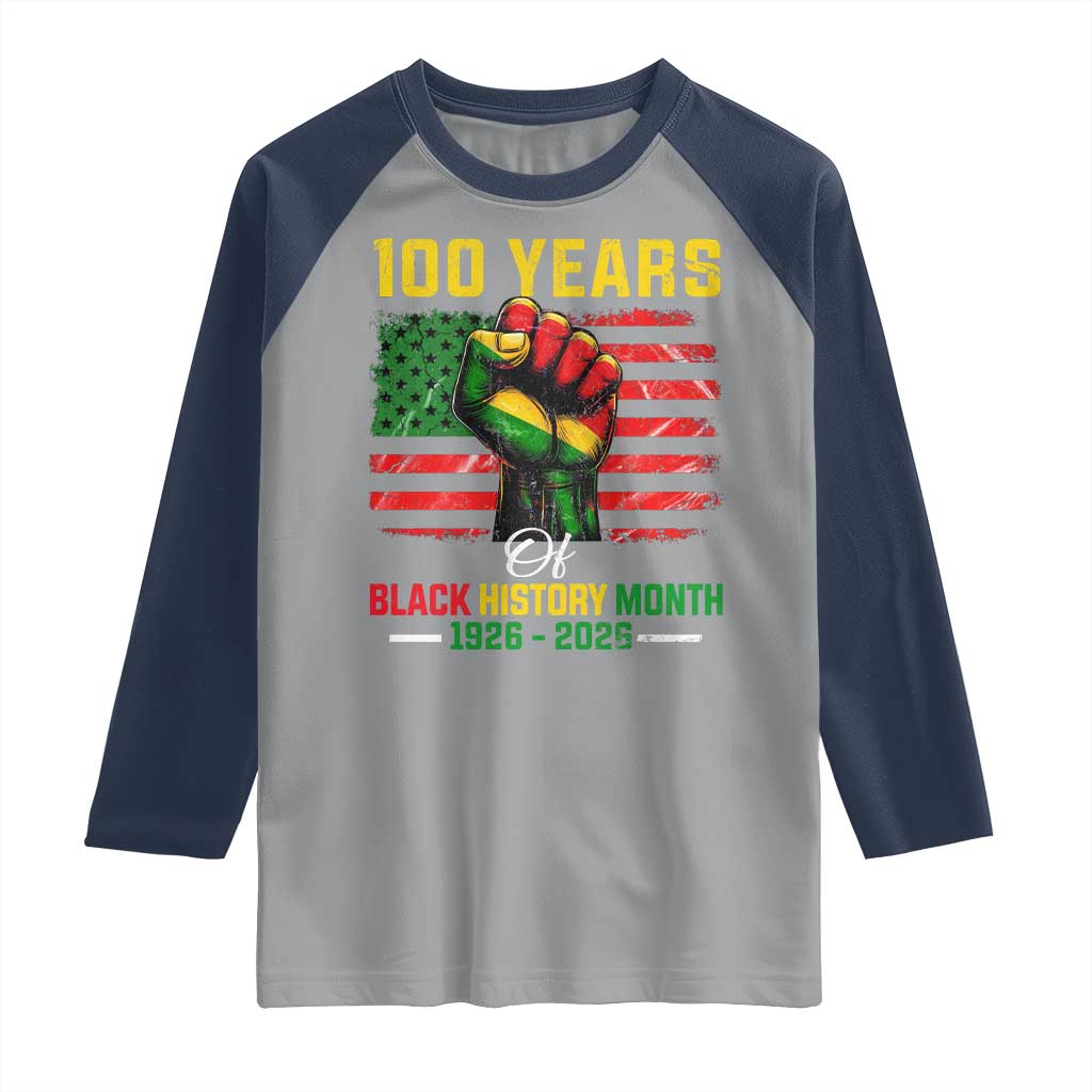 100 Years Of Black History Month Raglan Shirt Hand Fist African American Milestone American Flag