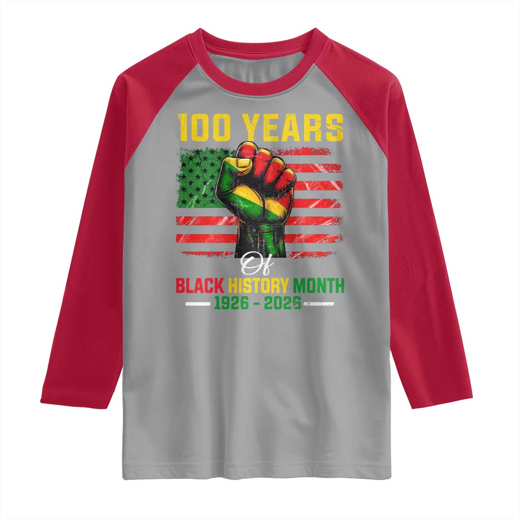 100 Years Of Black History Month Raglan Shirt Hand Fist African American Milestone American Flag
