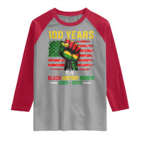 100 Years Of Black History Month Raglan Shirt Hand Fist African American Milestone American Flag