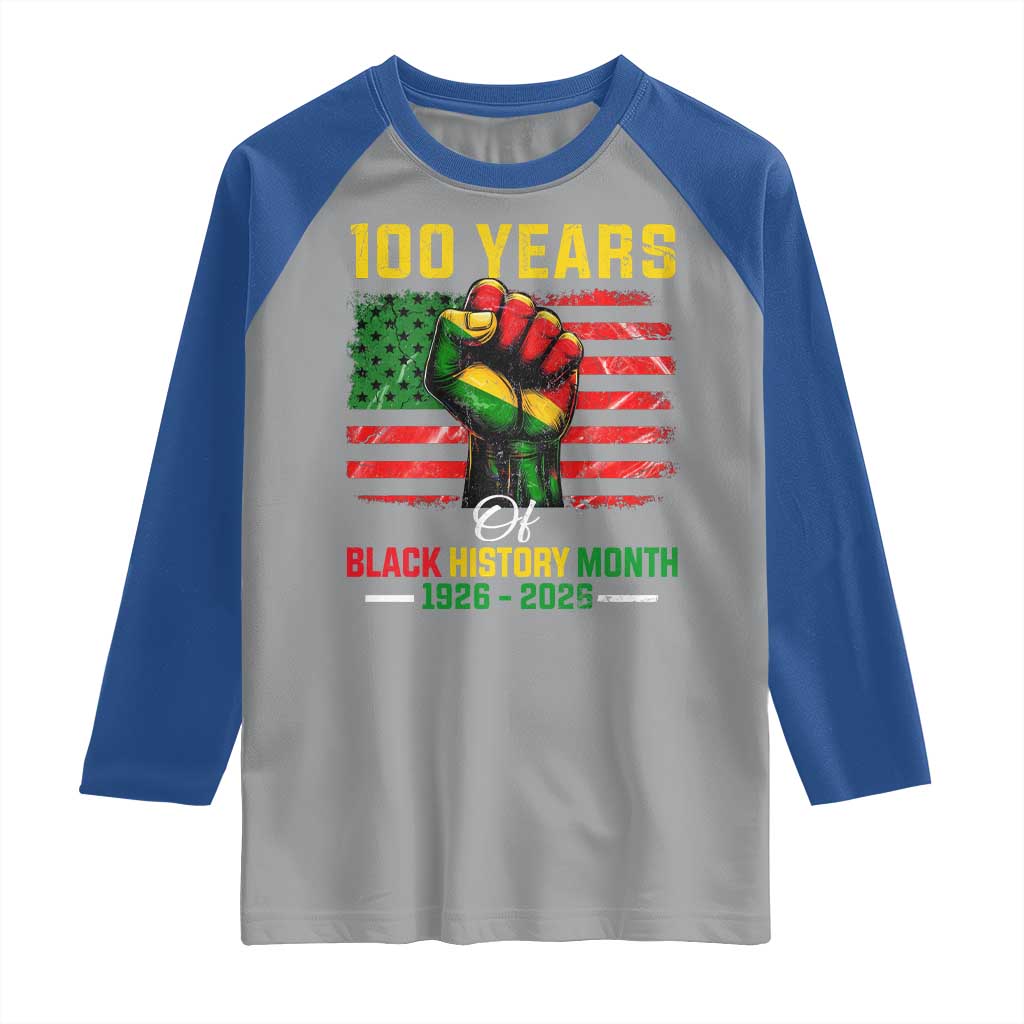 100 Years Of Black History Month Raglan Shirt Hand Fist African American Milestone American Flag