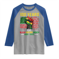 100 Years Of Black History Month Raglan Shirt Hand Fist African American Milestone American Flag