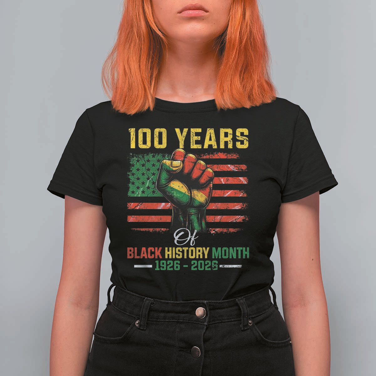 100 Years Of Black History Month T Shirt For Women Hand Fist African American Milestone American Flag