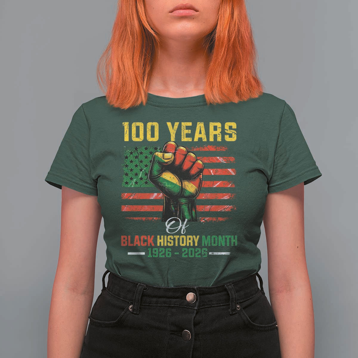 100 Years Of Black History Month T Shirt For Women Hand Fist African American Milestone American Flag