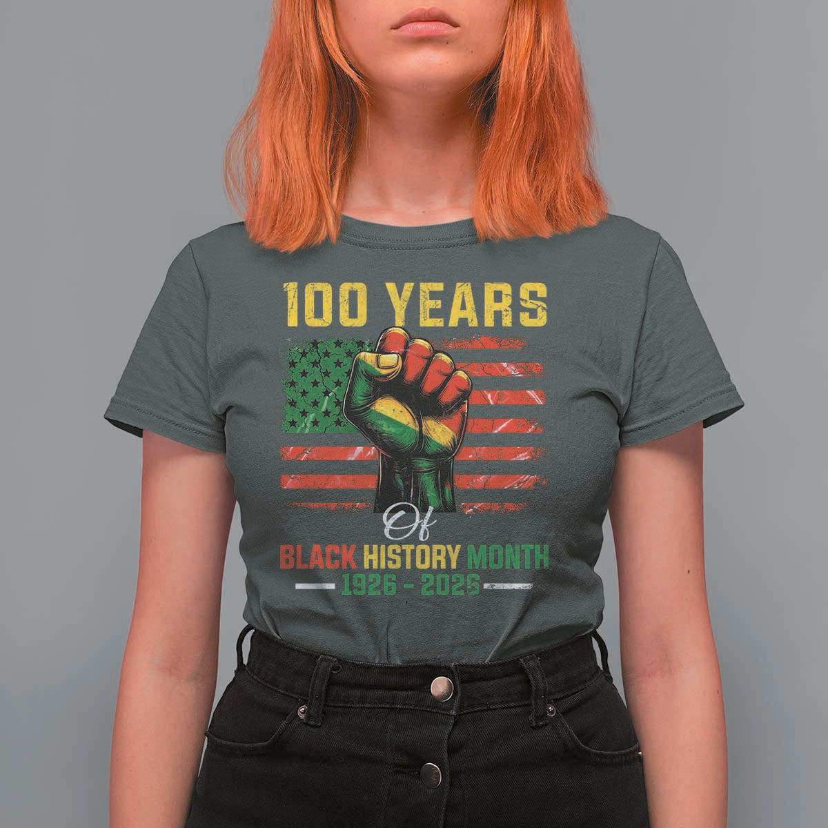 100 Years Of Black History Month T Shirt For Women Hand Fist African American Milestone American Flag