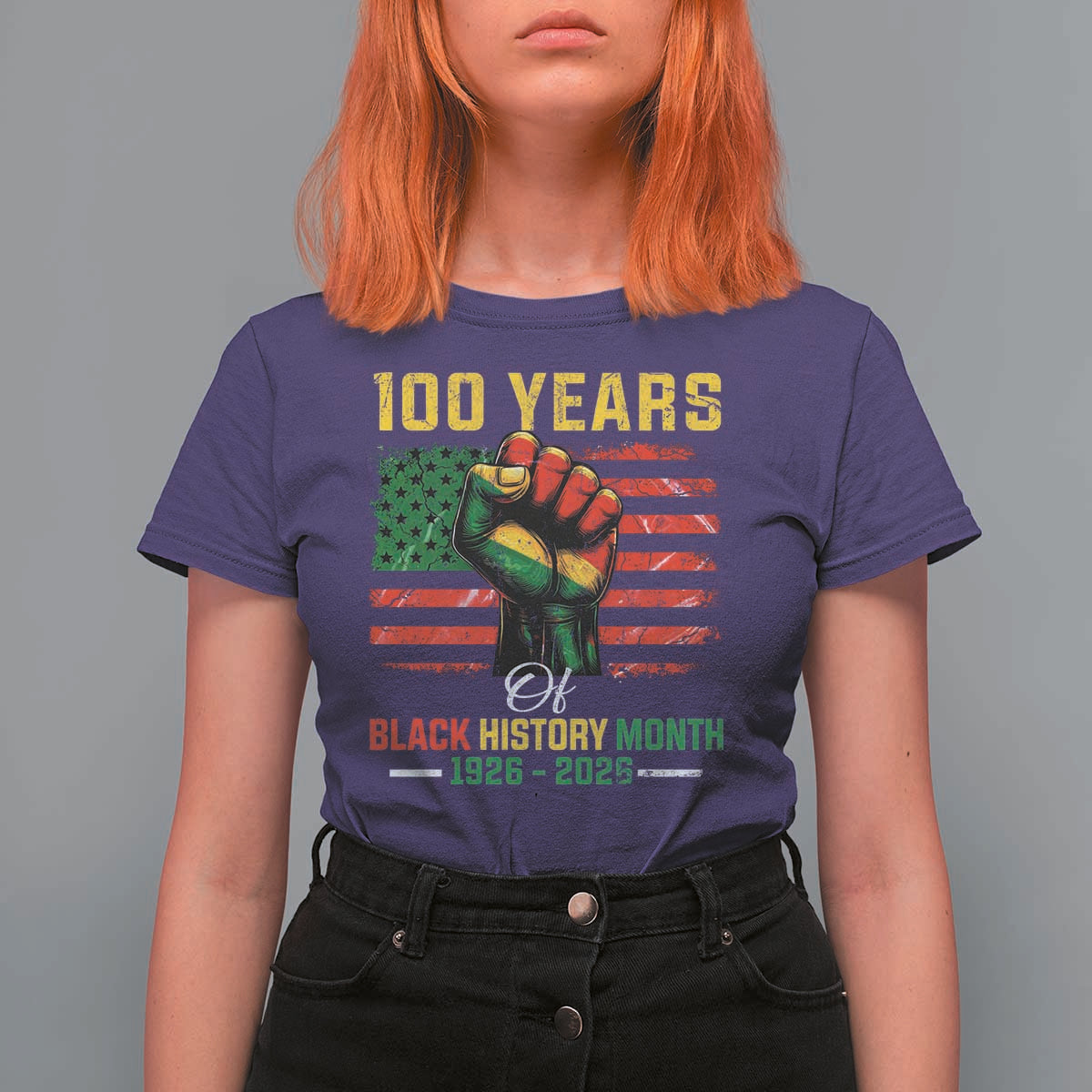 100 Years Of Black History Month T Shirt For Women Hand Fist African American Milestone American Flag