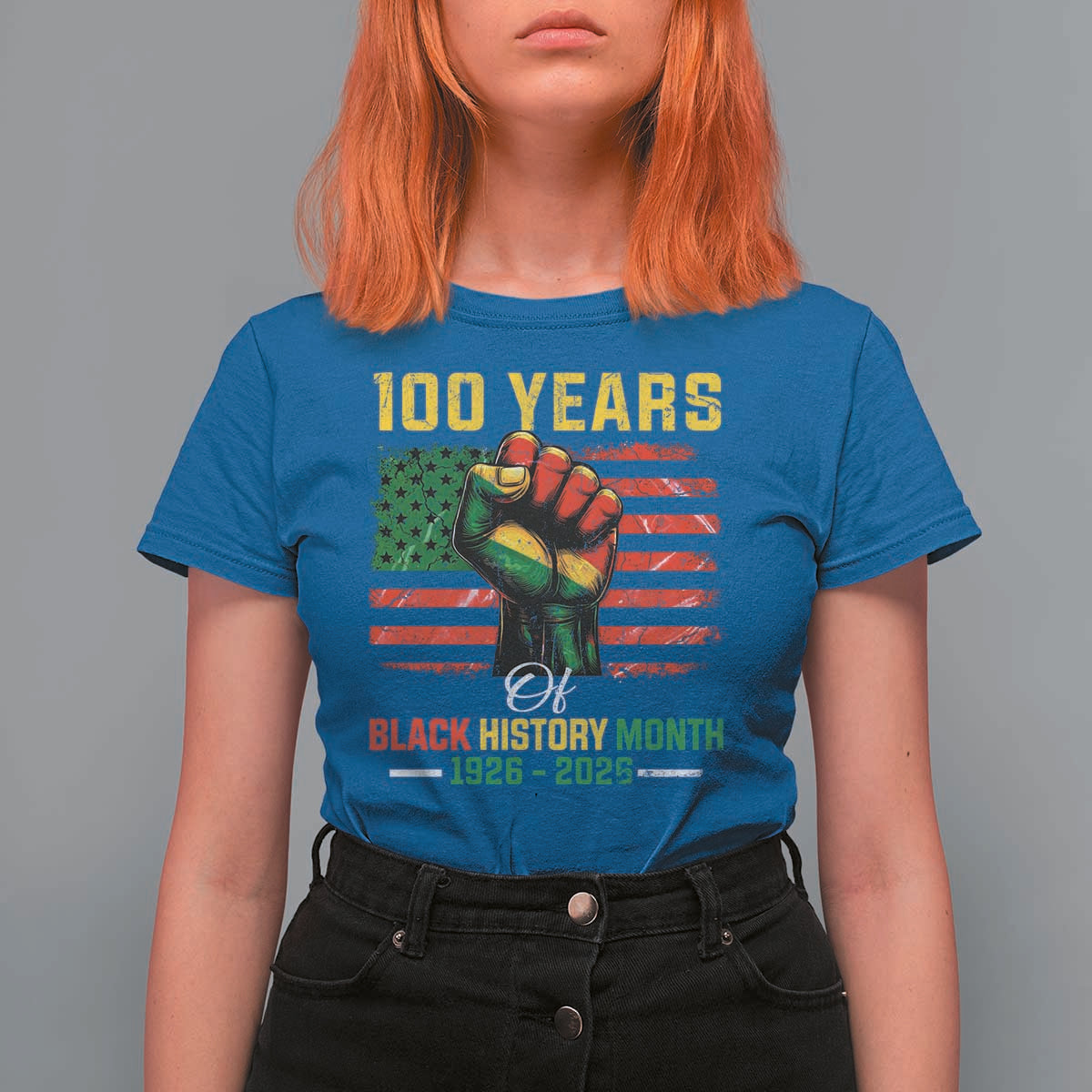 100 Years Of Black History Month T Shirt For Women Hand Fist African American Milestone American Flag