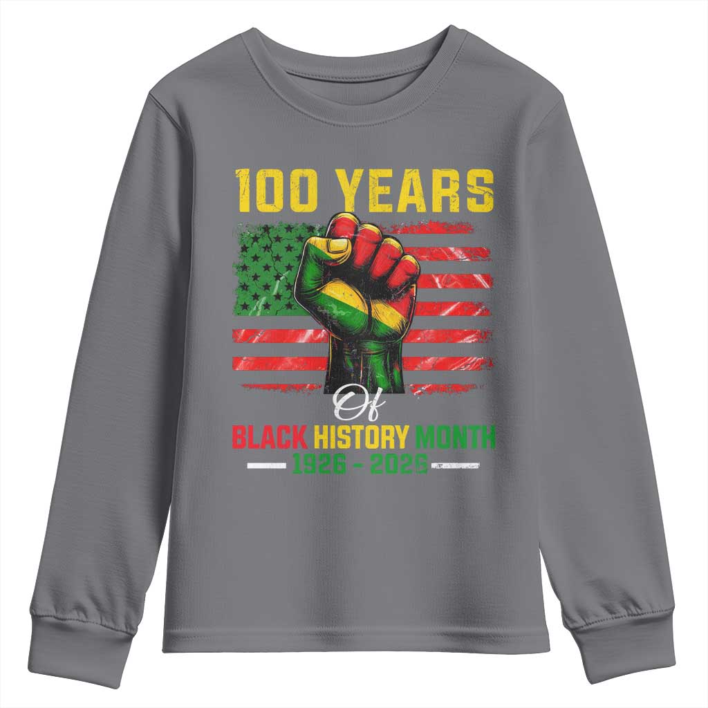 100 Years Of Black History Month Youth Sweatshirt Hand Fist African American Milestone American Flag