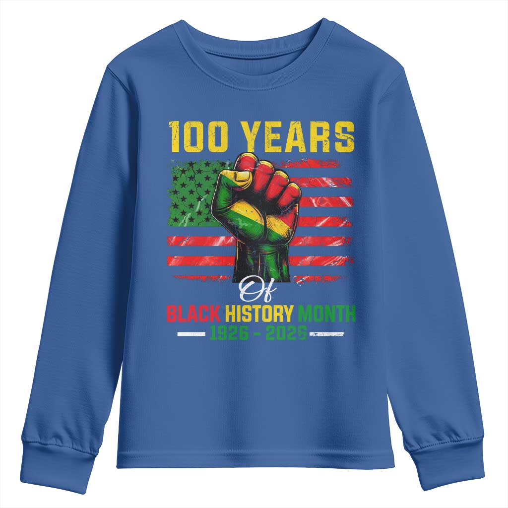100 Years Of Black History Month Youth Sweatshirt Hand Fist African American Milestone American Flag