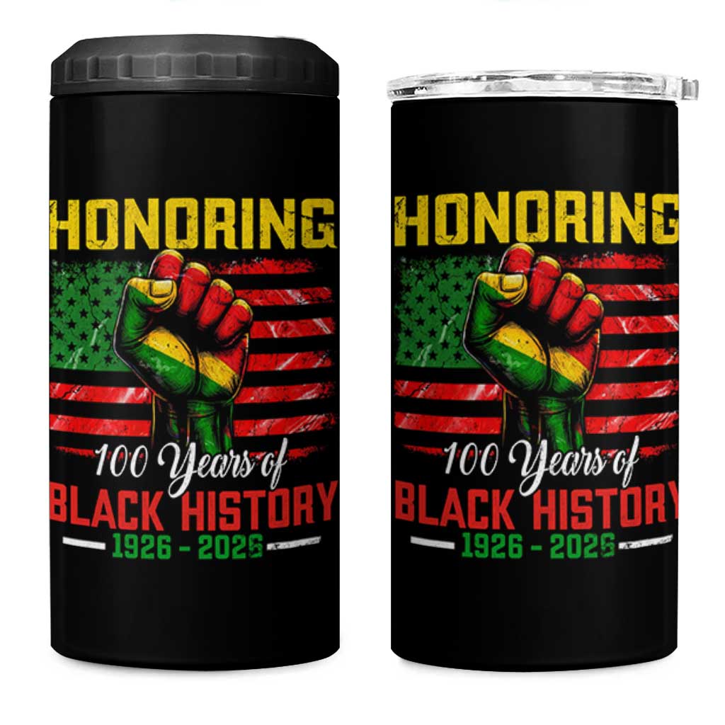 Honoring 100 Years Of Black History 4 in 1 Can Cooler Tumbler Hand Fist Vintage American Flag