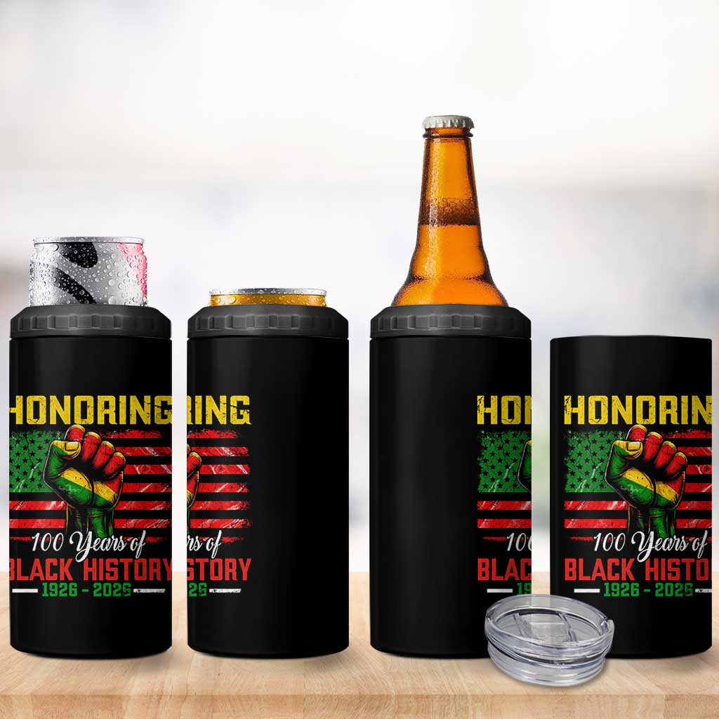Honoring 100 Years Of Black History 4 in 1 Can Cooler Tumbler Hand Fist Vintage American Flag
