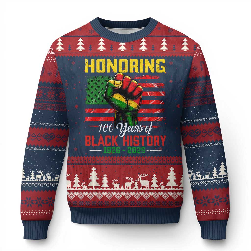 Honoring 100 Years Of Black History Ugly Christmas Sweater Hand Fist Vintage American Flag