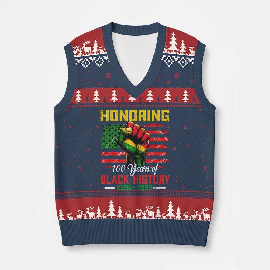 Honoring 100 Years Of Black History V-Neck Knit Sweater Vest Hand Fist Vintage American Flag
