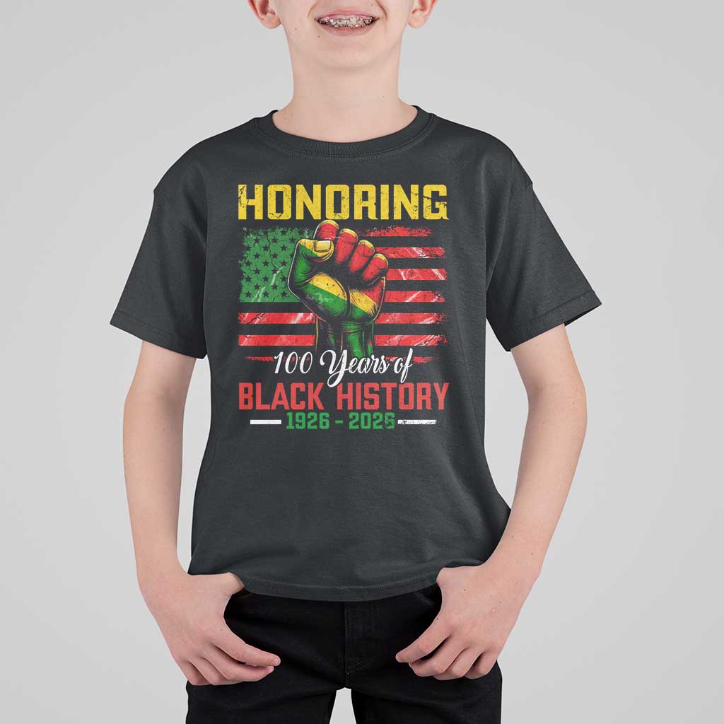 Honoring 100 Years Of Black History T Shirt For Kid Hand Fist Vintage American Flag