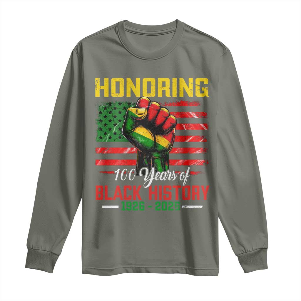Honoring 100 Years Of Black History Long Sleeve Shirt Hand Fist Vintage American Flag