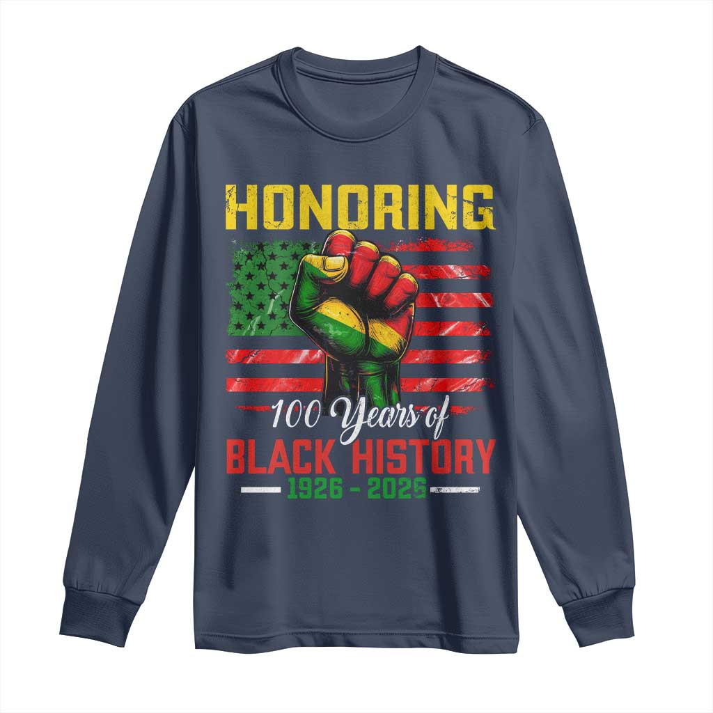 Honoring 100 Years Of Black History Long Sleeve Shirt Hand Fist Vintage American Flag