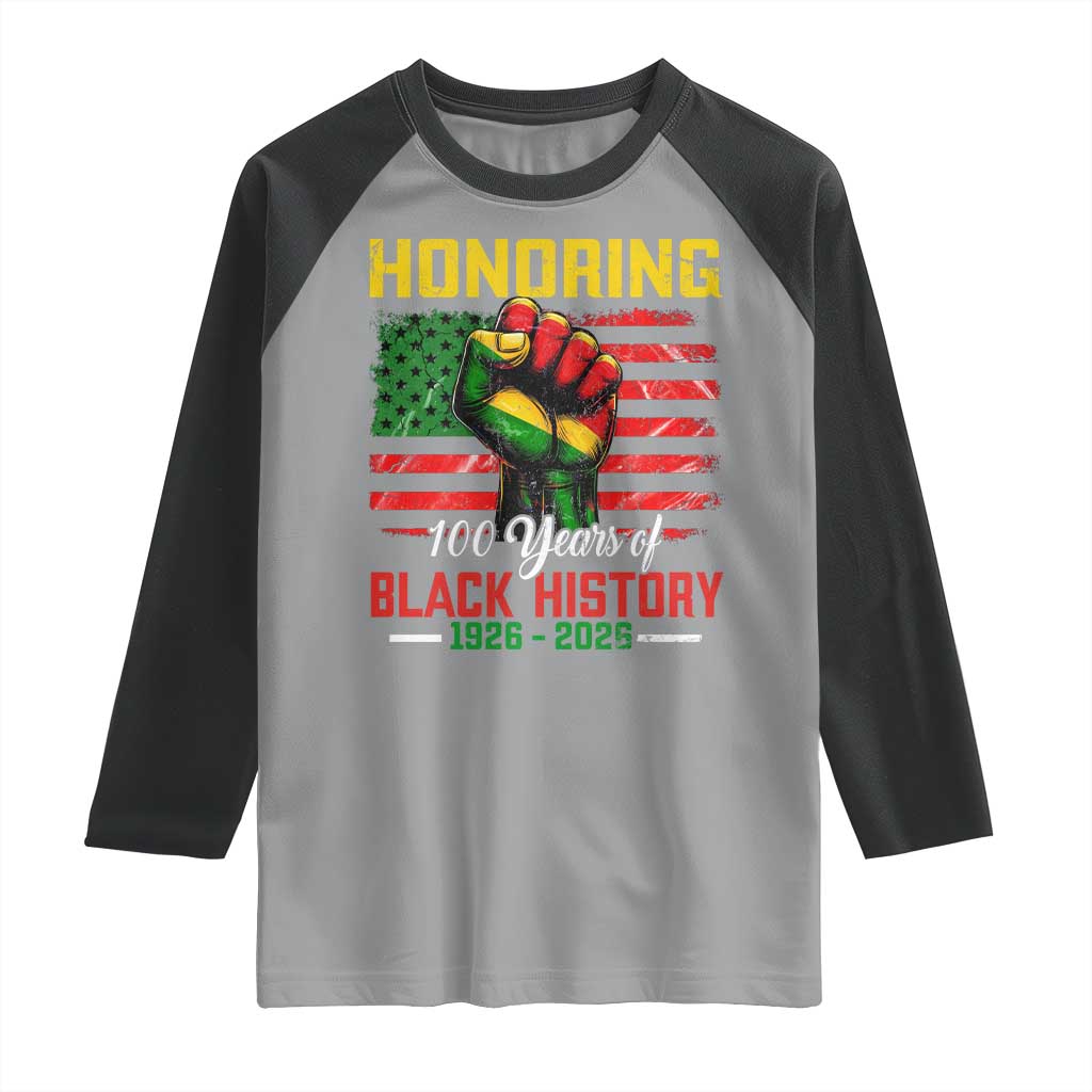 Honoring 100 Years Of Black History Raglan Shirt Hand Fist Vintage American Flag