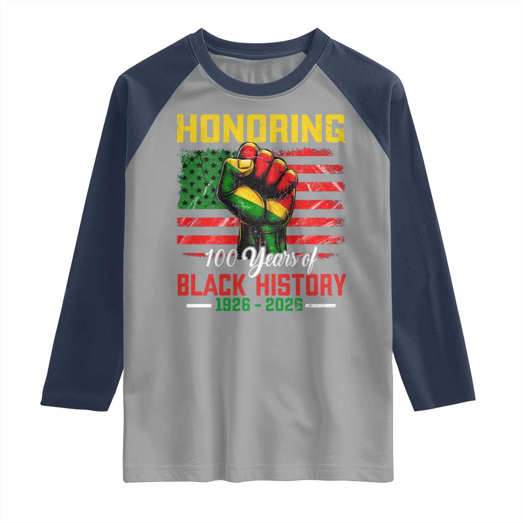 Honoring 100 Years Of Black History Raglan Shirt Hand Fist Vintage American Flag