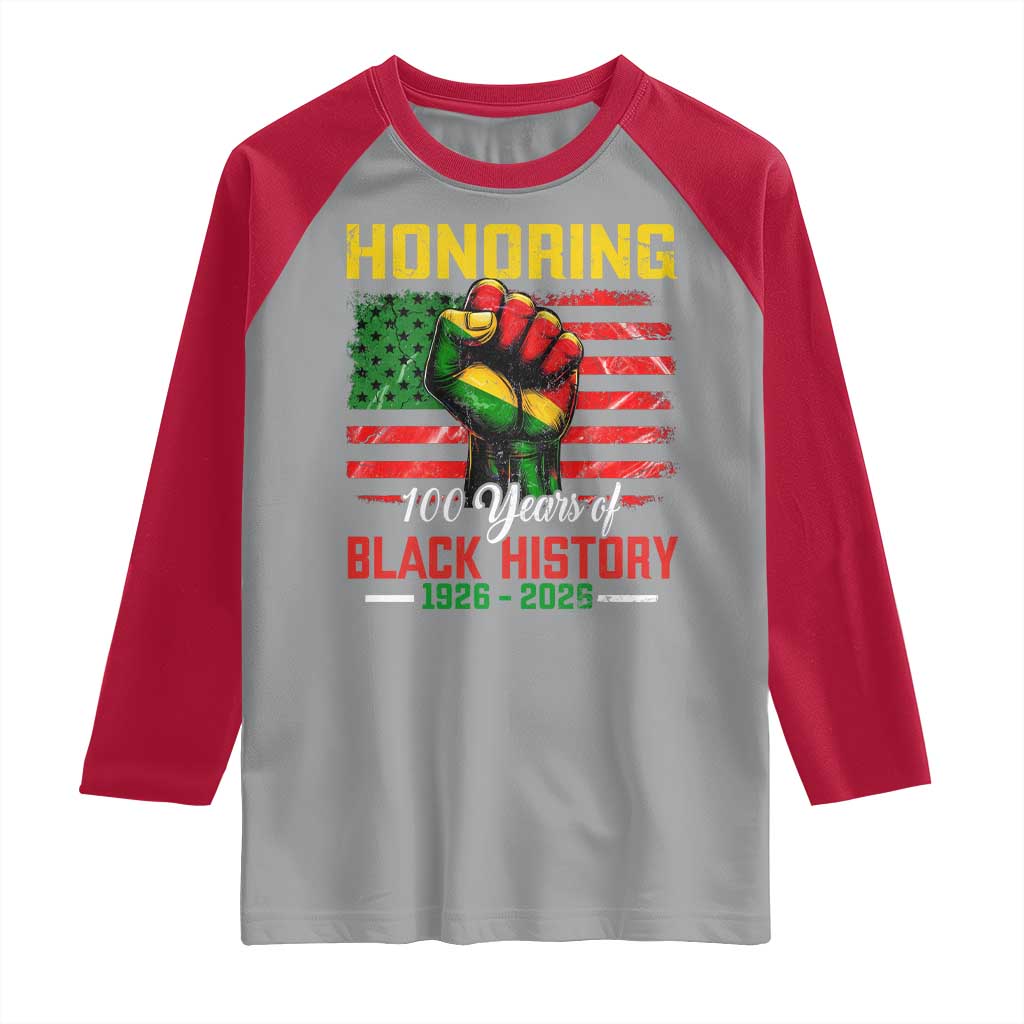 Honoring 100 Years Of Black History Raglan Shirt Hand Fist Vintage American Flag