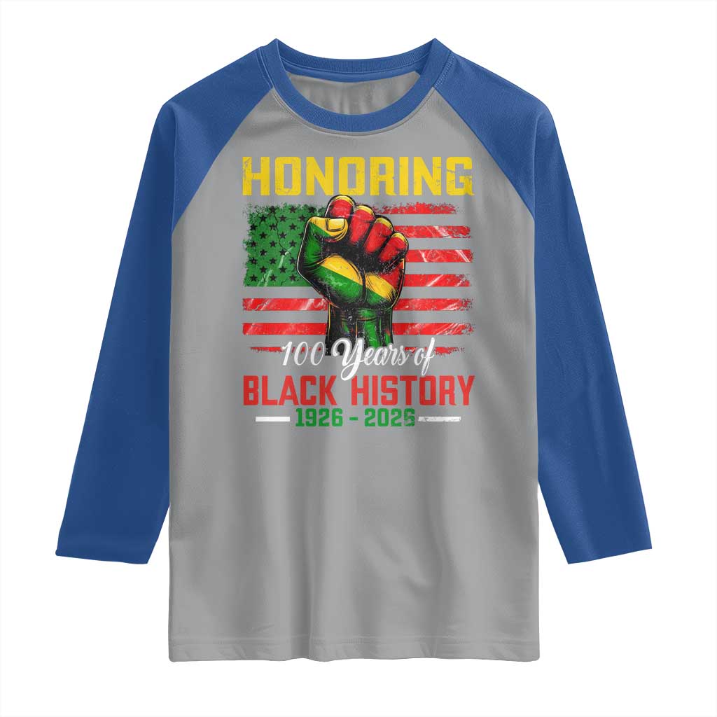 Honoring 100 Years Of Black History Raglan Shirt Hand Fist Vintage American Flag