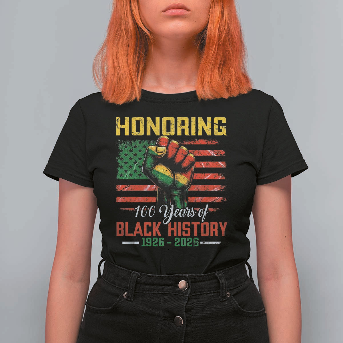 Honoring 100 Years Of Black History T Shirt For Women Hand Fist Vintage American Flag