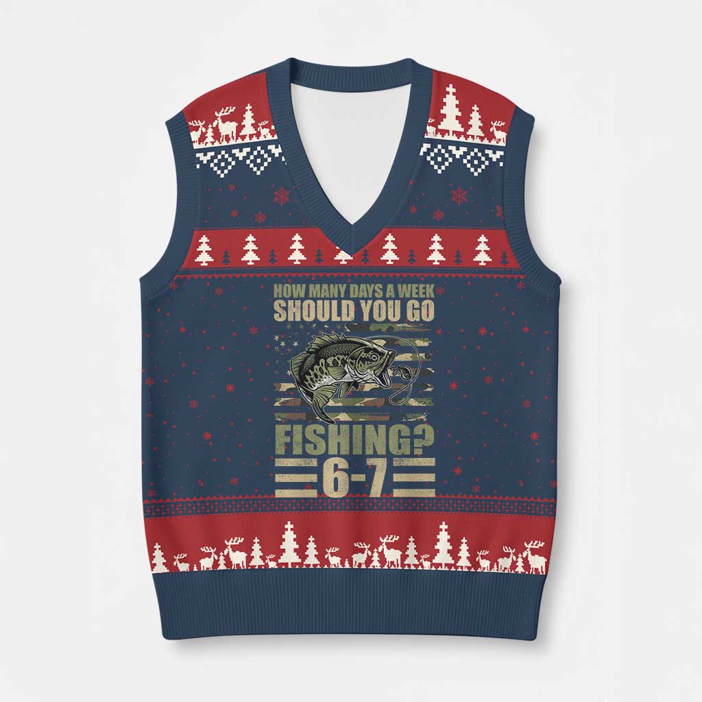 Fishing 67 Meme V-Neck Knit Sweater Vest How Many Days A Week Should You Go Fishing Camo Flag