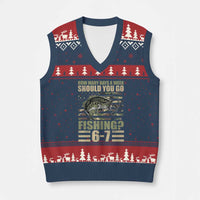 Fishing 67 Meme V-Neck Knit Sweater Vest How Many Days A Week Should You Go Fishing Camo Flag