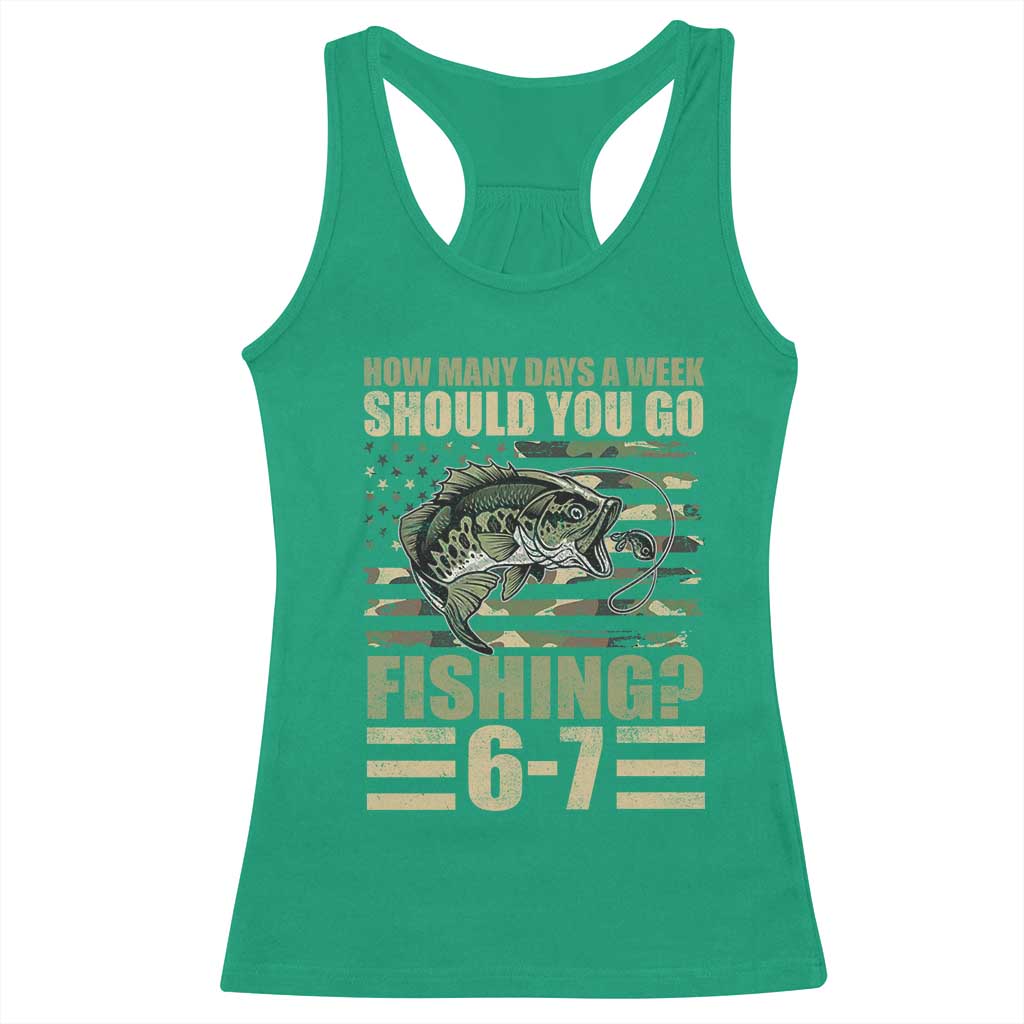 Fishing 67 Meme Racerback Tank Top How Many Days A Week Should You Go Fishing Camo Flag
