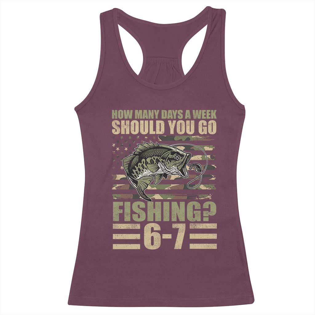 Fishing 67 Meme Racerback Tank Top How Many Days A Week Should You Go Fishing Camo Flag