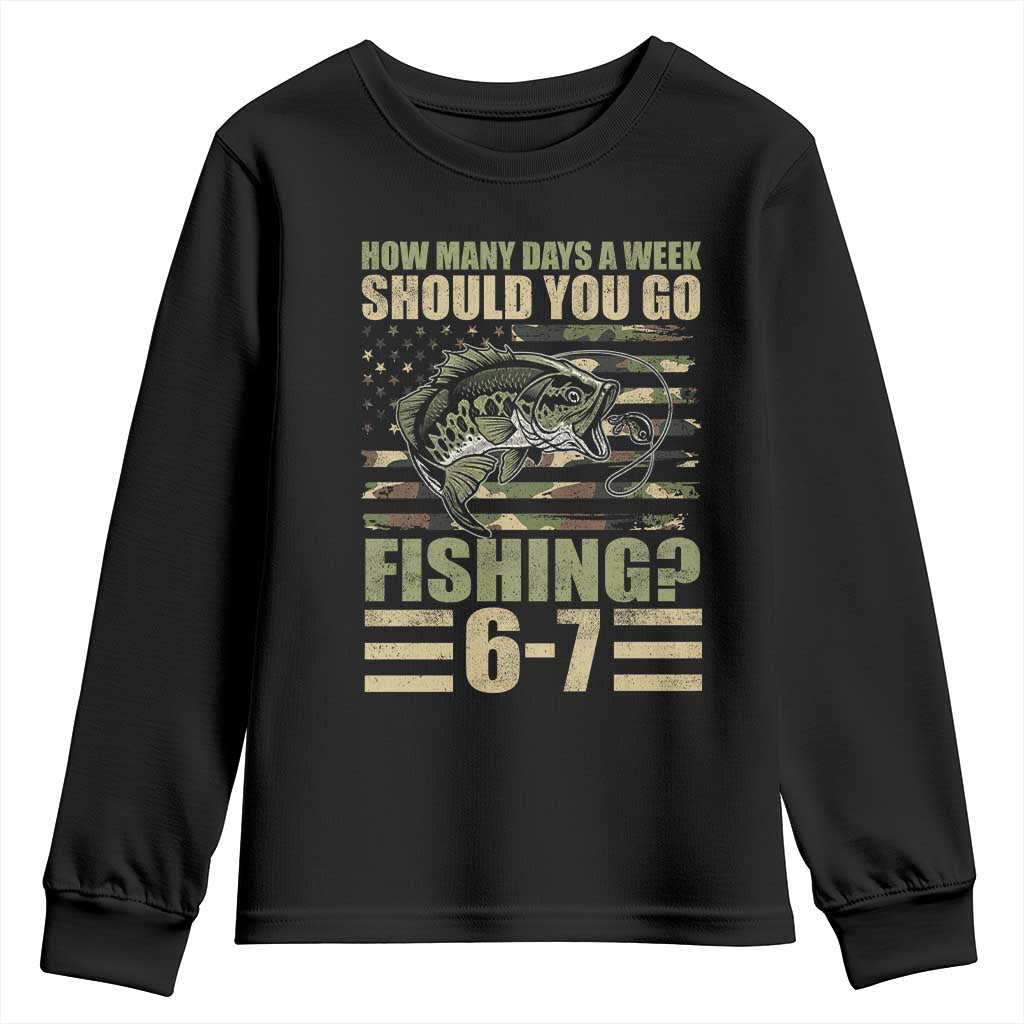Fishing 67 Meme Youth Sweatshirt How Many Days A Week Should You Go Fishing Camo Flag