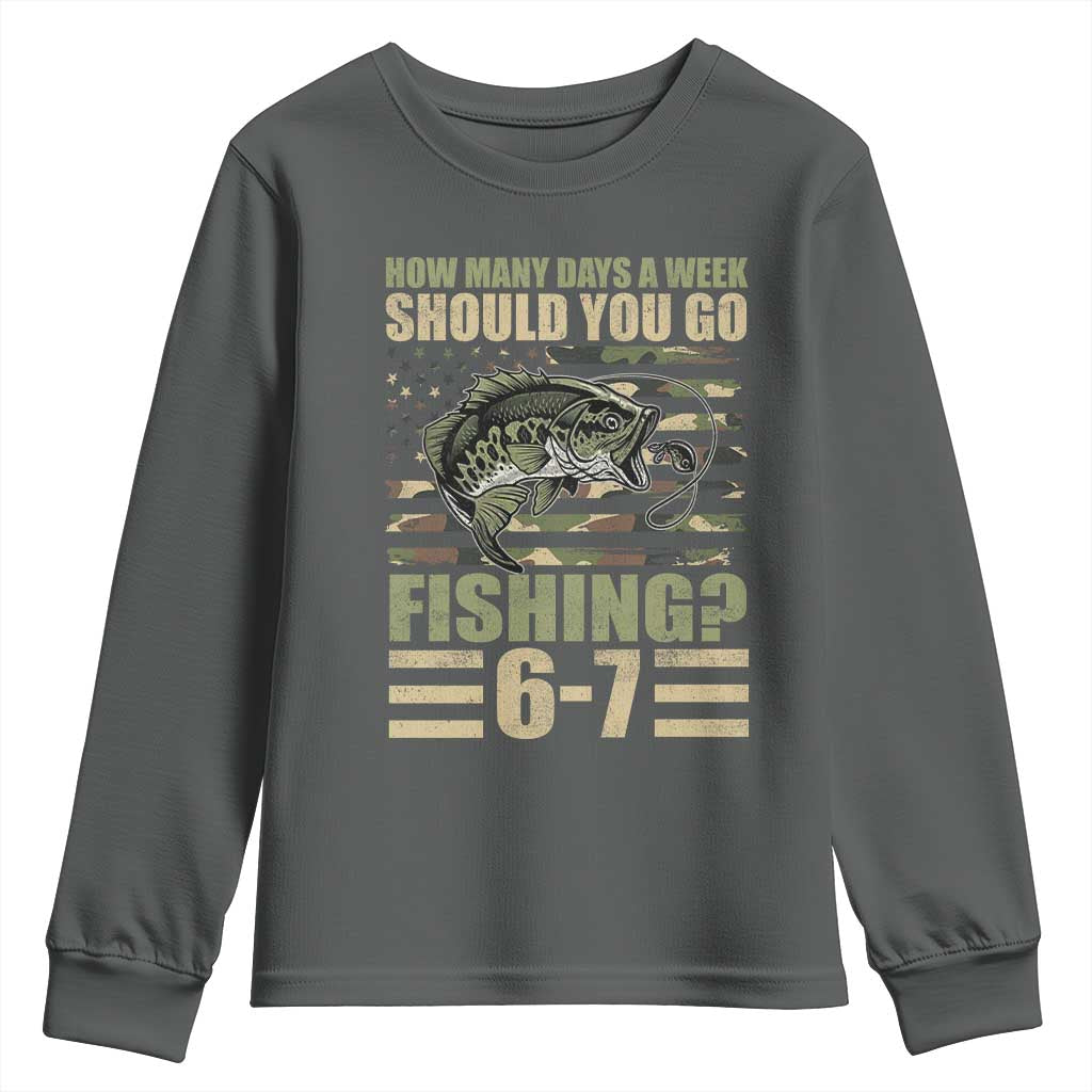 Fishing 67 Meme Youth Sweatshirt How Many Days A Week Should You Go Fishing Camo Flag